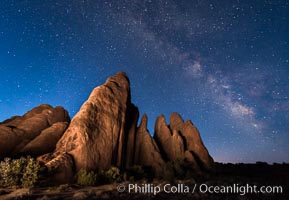 Milky Way over Sandstone Fins. Sandstone fins stand on edge.  Vertical fractures separate standing plates of sandstone that are eroded into freestanding fins, that may one day further erode into arches.