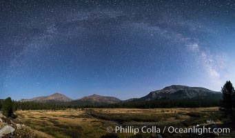 Milky Way over Tuolumne Meadows, Mount Dana (left), Mount Gibbs (center), Mammoth Peak and Kuna Crest (right), Dana Fork of the Tuolumne River.