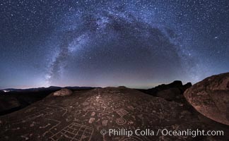 The Milky Way at Night over Sky Rock.  Sky Rock petroglyphs near Bishop, California. Hidden atop an enormous boulder in the Volcanic Tablelands lies Sky Rock, a set of petroglyphs that face the sky. These superb examples of native American petroglyph artwork are thought to be Paiute in origin, but little is known about them