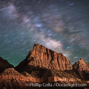 Milky Way over the Watchman, Zion National Park.  The Milky Way galaxy rises in the night sky above the the Watchman. Utah, USA, natural history stock photograph, photo id 28587