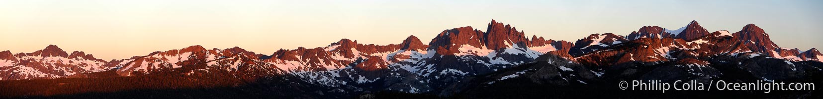 Panorama of the Minarets at sunrise, near Mammoth Mountain.  The Minarets are a series of seventeen jagged peaks in the Ritter Range, west of Mammoth Mountain in the Ansel Adams Wilderness.  These basalt peaks were carved by glaciers on both sides of the range.  The highest of the Minarets stands 12,281 feet above sea level, Mammoth Lakes, California