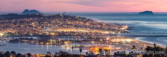 Mission Bay, Ocean Beach, Point Loma and Coronado islands, at night, San Diego, California