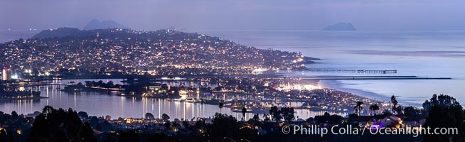 Mission Bay, Ocean Beach, Point Loma, OB Pier, Mission Bay Channel and Coronado islands, at night, San Diego, California