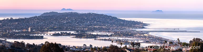 Mission Bay, Ocean Beach, Point Loma, OB Pier, Mission Bay Channel and Coronado islands, at dawn, viewed from Mount Soledad, La Jolla, San Diego, California