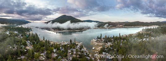 Mist and storm clouds over Bass Lake, aerial photo, autumn