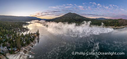 Mist Rises Over Bass Lake on a Cold Autumn Morning, aerial panorama, Sierra Nevada