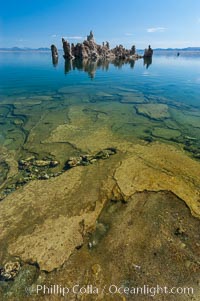 Tufa towers rise from Mono Lake.  Tufa towers are formed when underwater springs rich in calcium mix with lakewater rich in carbonates, forming calcium carbonate (limestone) structures below the surface of the lake.  The towers were eventually revealed when the water level in the lake was lowered starting in 1941.  South tufa grove, Navy Beach.