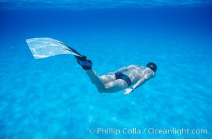 Freediver and monofin, Little Bahama Sand Banks, Bahamas.