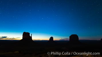 Monument Valley panorama, sunrise, dawn, stars in the sky.