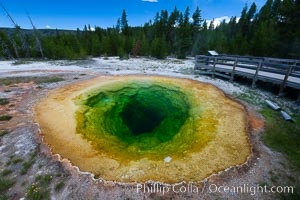 Morning Glory Pool, has long been considered a must-see site in Yellowstone. At one time a road brought visitors to its brink. Over the years they threw coins, bottles and trash in the pool, reducing its flow and causing the red and orange bacteria to creep in from its edge, replacing the blue bacteria that thrive in the hotter water at the center of the pool. The pool is now accessed only by a foot path, Upper Geyser Basin, Yellowstone National Park, Wyoming