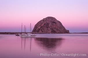 Morro Rock and Morro Bay, pink sky at dawn, sunrise