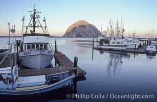 Fishing boats line the docks at sunrise, Morro Rock in the background, Morro Bay, California