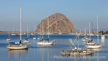 Morro Bay, boats and Morro Rock in the distance