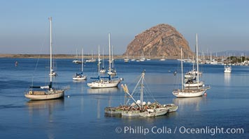 Morro Bay, boats and Morro Rock in the distance