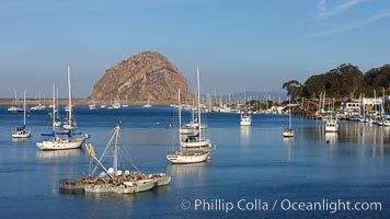 Morro Bay, boats and Morro Rock in the distance