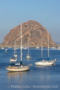 Morro Bay, boats and Morro Rock in the distance