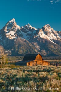 John Moulton barn at sunrise with Teton Range, on Mormon Row in Grand Teton National Park, Wyoming