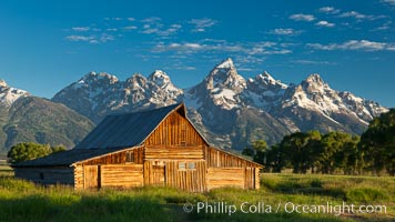 John Moulton barn with Teton Range, on Mormon Row in Grand Teton National Park, Wyoming