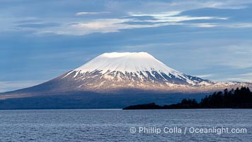 Mount Edgecumbe seen from the Sitka Sound. A volcano, Mount Edgecumbe has an elevation of 3201 feet and lies on the tip of Kruzof Island about 24 miles west of Sitka
