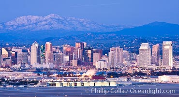 Dusk settles on downtown San Diego with snow-covered Mt. Laguna in the distance. California, USA, natural history stock photograph, photo id 26716