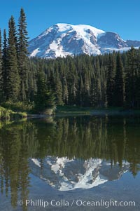 Mount Rainier rises above Reflection Lake, afternoon.