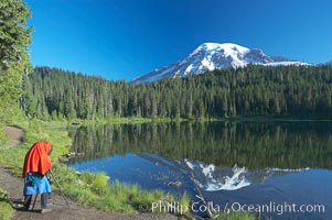 A photographer composes his image with a large view camera, Reflection Lake and Mount Rainier, Mount Rainier National Park, Washington