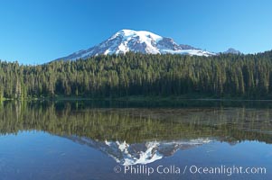 Mount Rainier is reflected in the calm waters of Reflection Lake, early morning, Mount Rainier National Park, Washington