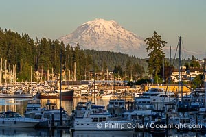 Mount Rainier rises over the boats in quaint Gig Harbor, Washington, Lake Wohlford, Escondido, Califoria