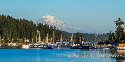 Mount Rainier rises over the boats in quaint Gig Harbor, Washington, Lake Wohlford, Escondido, Califoria