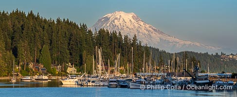 Mount Rainier rises over the boats in quaint Gig Harbor, Washington, Lake Wohlford, Escondido, Califoria