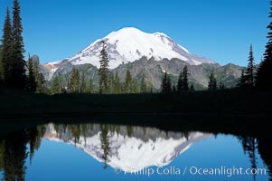 Mount Rainier is reflected in Upper Tipsoo Lake.