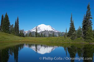 Mount Rainier is reflected in Upper Tipsoo Lake, Tipsoo Lakes, Mount Rainier National Park, Washington