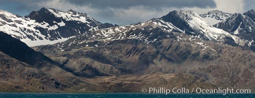 Mountains, glaciers and ocean, near Grytviken, South Georgia Island, Southern Ocean.