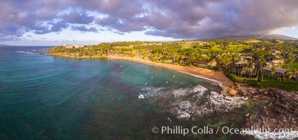 Napili Shores and Napili Beach, West Maui, Hawaii, aerial photo, sunset