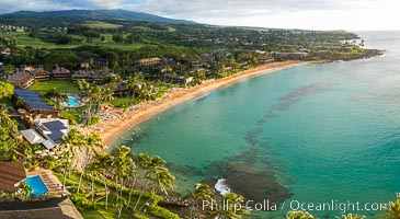 Napili Shores and Napili Beach, West Maui, Hawaii, aerial photo, sunset