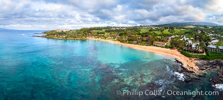 Napili Shores and Napili Beach, West Maui, Hawaii, aerial photo, sunset