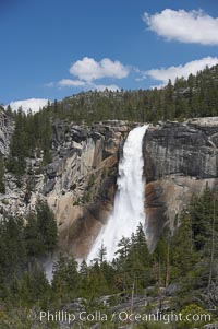 Nevada Falls marks where the Merced River plummets almost 600 through a joint in the Little Yosemite Valley, shooting out from a sheer granite cliff and then down to a boulder pile far below, Yosemite National Park, California