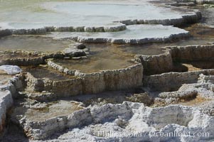 Steam rises from the travertine terraces of New Blue Spring, part of the Mammoth Hot Springs complex, Yellowstone National Park, Wyoming