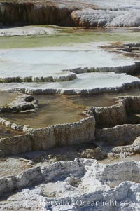 Steam rises from the travertine terraces of New Blue Spring, part of the Mammoth Hot Springs complex, Yellowstone National Park, Wyoming