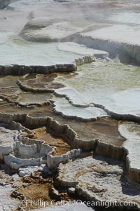 Steam rises from the travertine terraces of New Blue Spring, part of the Mammoth Hot Springs complex, Yellowstone National Park, Wyoming