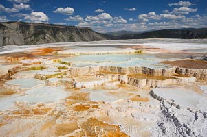 New Blue Spring and its travertine terraces, part of the Mammoth Hot Springs complex, Yellowstone National Park, Wyoming