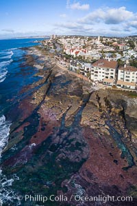 Nicholson Point on extreme low King Tide, La Jolla, aerial panoramic photo