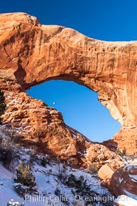 North Window, sunrise, eastern face.  North Window is a natural sandstone arch 90 feet wide and 48 feet high, Arches National Park, Utah