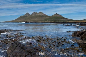 Northeastern coast of Steeple Jason Island, looking toward the southern half of the island.  Steeple Jason is one of the remote Jason Group of Islands in the West Falklands.  Uninhabited, the island is spectacular both for its rugged scenery and its enormous breeding colony of black-browed albatross.  Steeple Jason Island is now owned and administered by the Wildlife Conservation Society