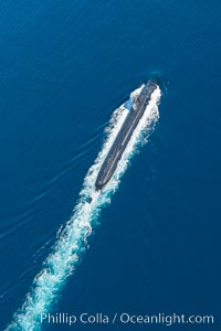 Nuclear submarine at the surface of the ocean, aerial photo, San Diego, California