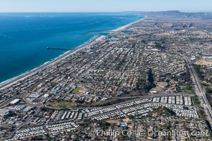 Coastal Oceanside, including Oceanside Pier and Oceanside Harbor, view toward the north showing Camp Pendleton in the distance