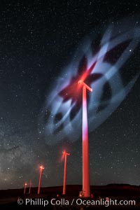 Ocotillo Wind Energy Turbines, at night with stars and the Milky Way in the sky above, the moving turbine blades illuminated by a small flashlight. California, USA, natural history stock photograph, photo id 30233