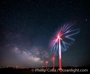 Ocotillo Wind Energy Turbines, at night with stars and the Milky Way in the sky above, the moving turbine blades illuminated by a small flashlight. California, USA, natural history stock photograph, photo id 30234