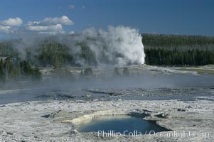 Old Faithful Geyser erupting, viewed from Geyser Hill with unidentified pool in foreground, Upper Geyser Basin, Yellowstone National Park, Wyoming