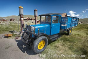 Old truck and gas station, in front of Boone Store and Warehouse, Main Street and Green Street, Bodie State Historical Park, California